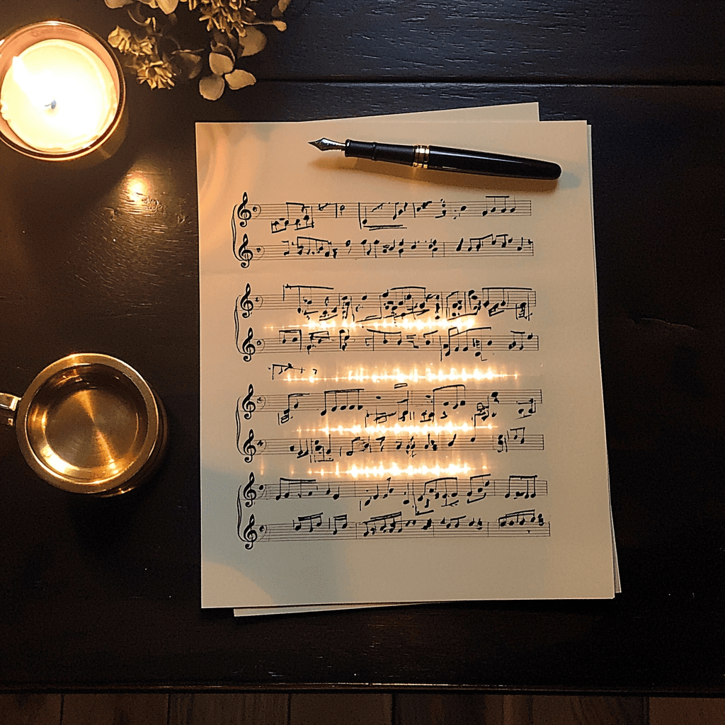 A writing desk with sheet music and a fountain pen