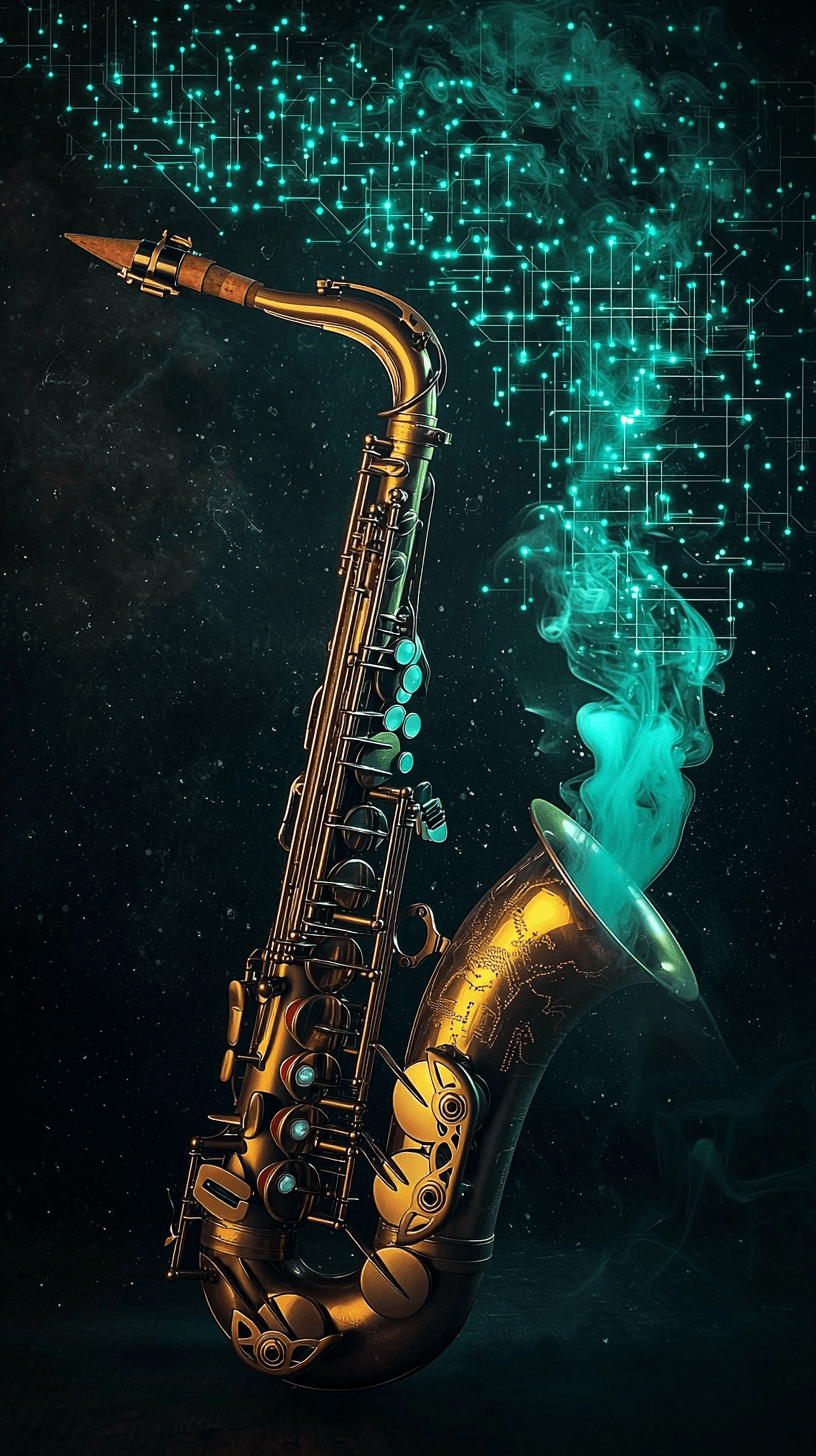 Saxophone with smoke rising and transforming into teal digital data streams